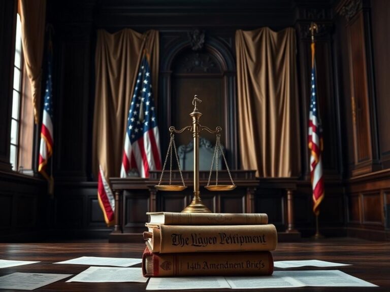 Flick International empty courtroom scene with a judge's bench and American flags