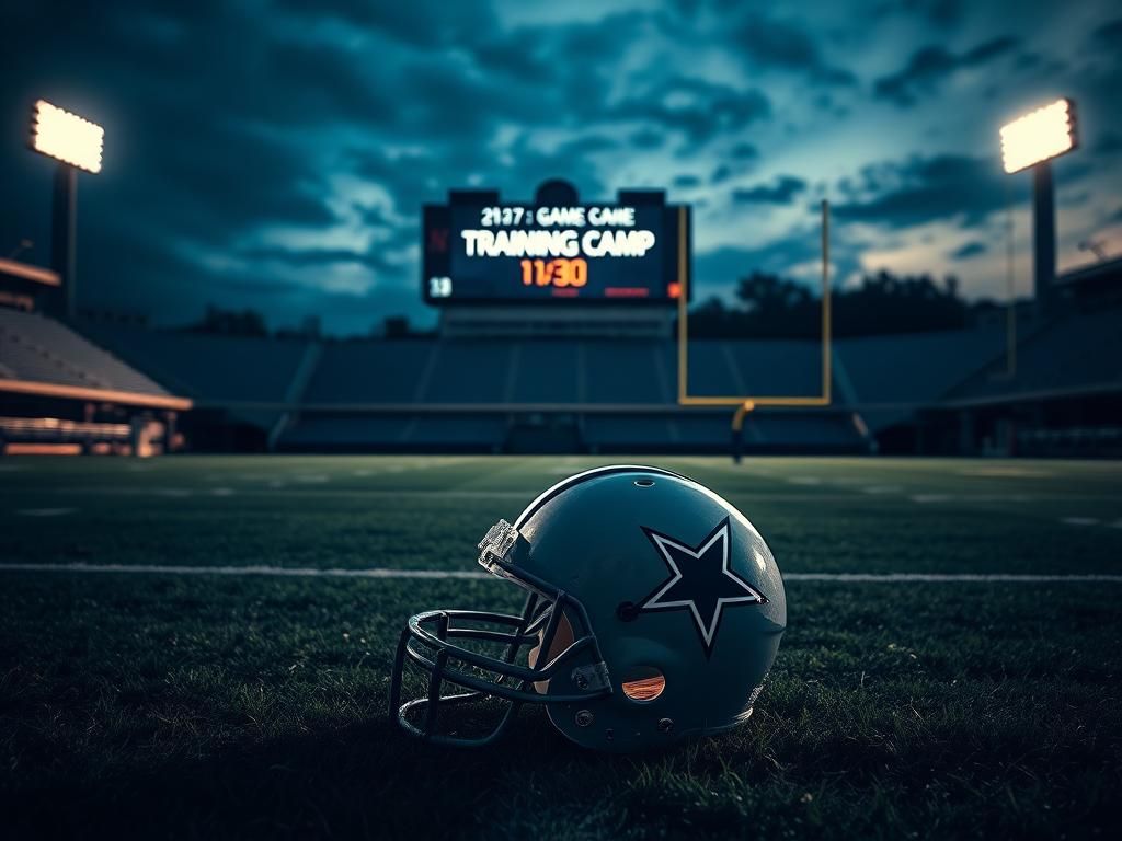 Flick International Empty Dallas Cowboys football field under evening sky with helmet in foreground