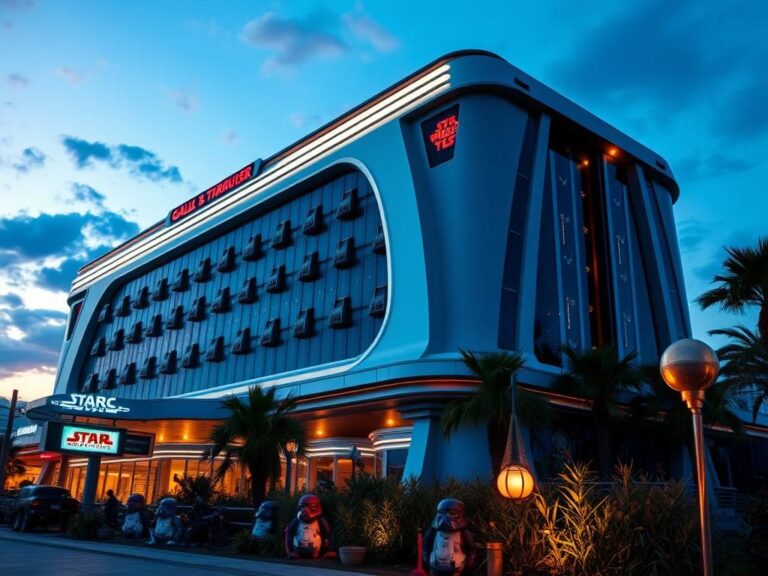 Flick International Futuristic building façade of the former Star Wars: Galactic Starcruiser at Walt Disney World.