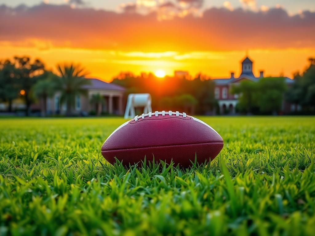 Flick International Scenic view of Louisiana landscape at sunset with LSU campus and football