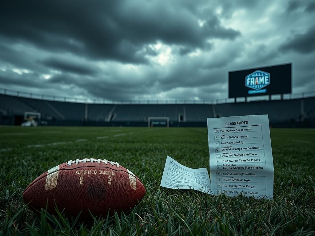 Flick International A weathered football on an empty field under a moody grey sky, symbolizing snubbed Hall of Fame candidates.