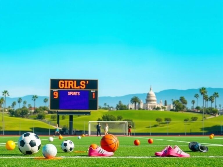 Flick International Vibrant California high school athletic field showcasing sports equipment and a digital scoreboard for girls' sports