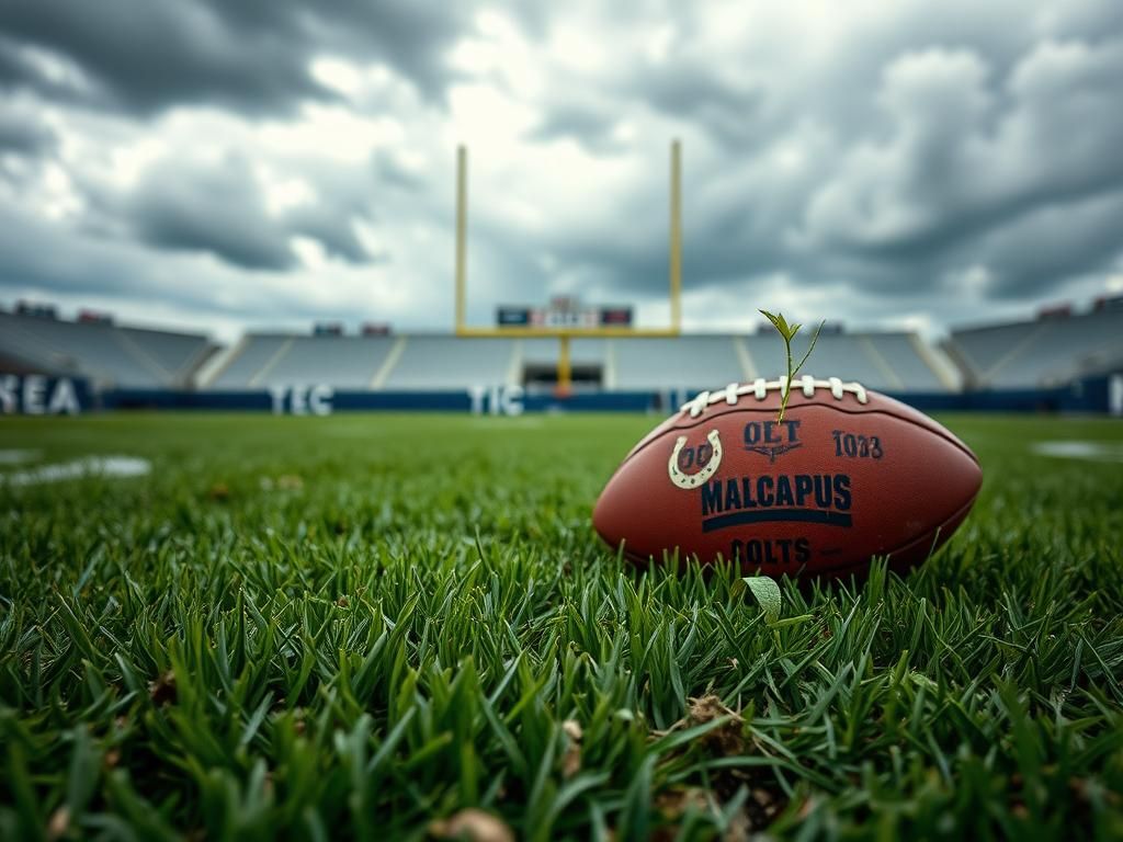 Flick International A football field under dramatic skies with a worn football and Colts banners in the background