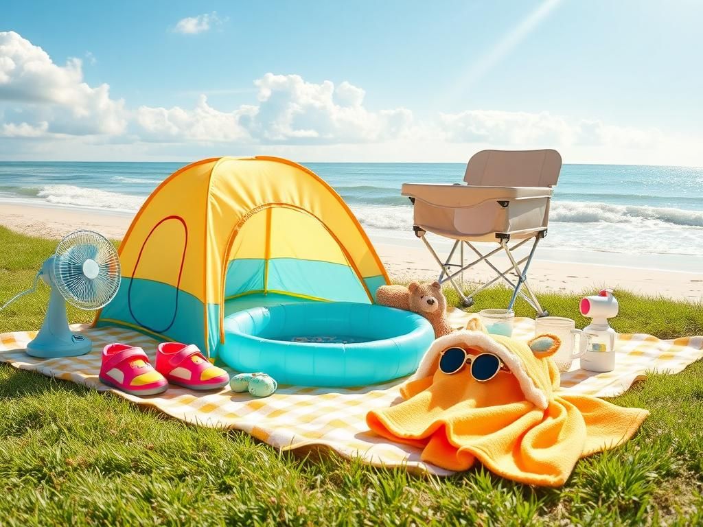 Flick International A sunny picnic setup for babies at the beach with colorful accessories