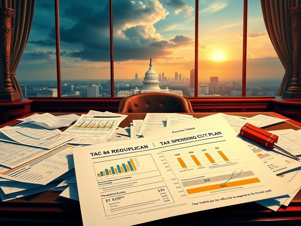 Flick International Large ornate desk with financial charts and the open Tax & Spending Cut Plan document