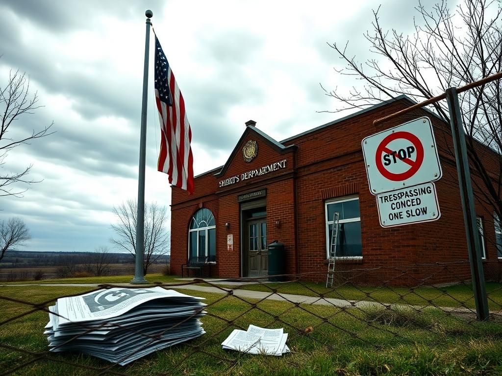 Flick International Exterior of a sheriff's department building with a large American flag, signifying local resistance to ICE.