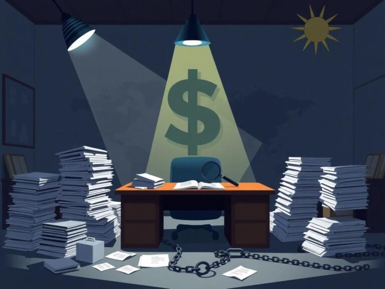 Flick International Conceptual illustration of a government office with cluttered paperwork and a looming dollar sign, symbolizing waste