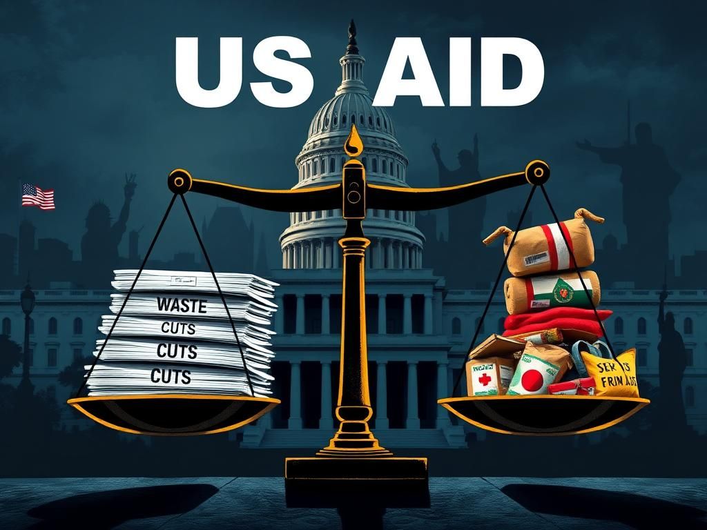 Flick International Visual representation of USAID under scrutiny with scales balancing documents labeled 'WASTE' and 'CUTS' against foreign aid symbols