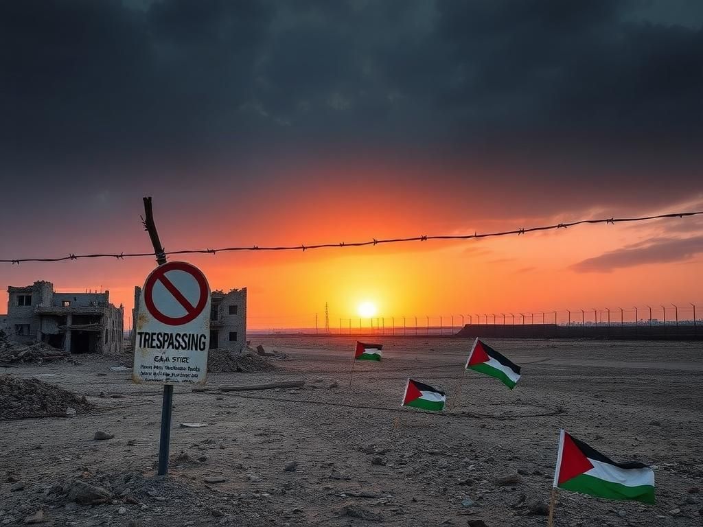 Flick International Desolate landscape of the Gaza Strip with crumbling buildings and barbed wire