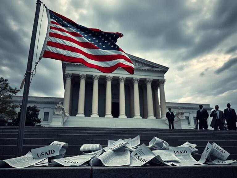 Flick International Dramatic view of a government building with columns under a stormy sky, featuring a torn American flag