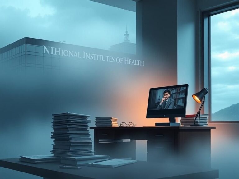 Flick International Symbolic depiction of the National Institutes of Health building partially obscured by fog, signifying the recent communications freeze.