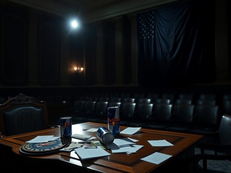 Flick International Dimly lit U.S. Senate chamber with ornate desk and Red Bull can