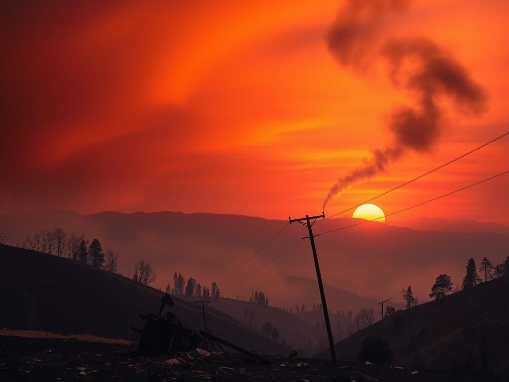 Flick International Charred California hillsides after a wildfire with fallen electrical pole and debris in the foreground