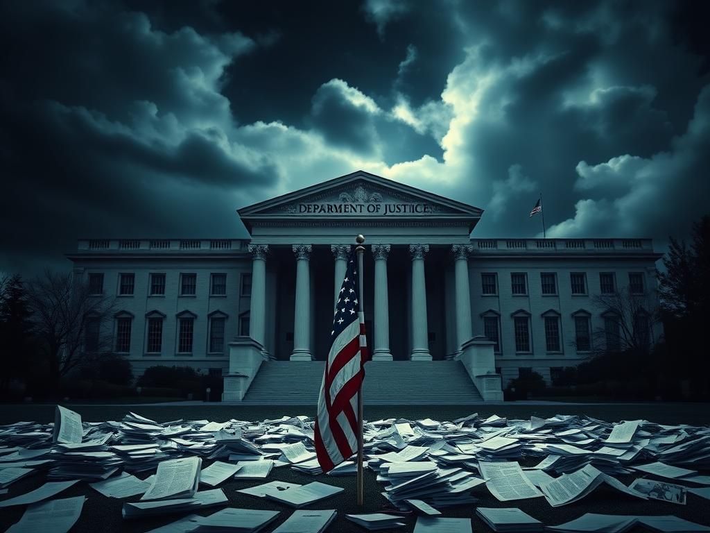 Flick International Dramatic portrayal of the Department of Justice building under dark storm clouds with an American flag in the foreground