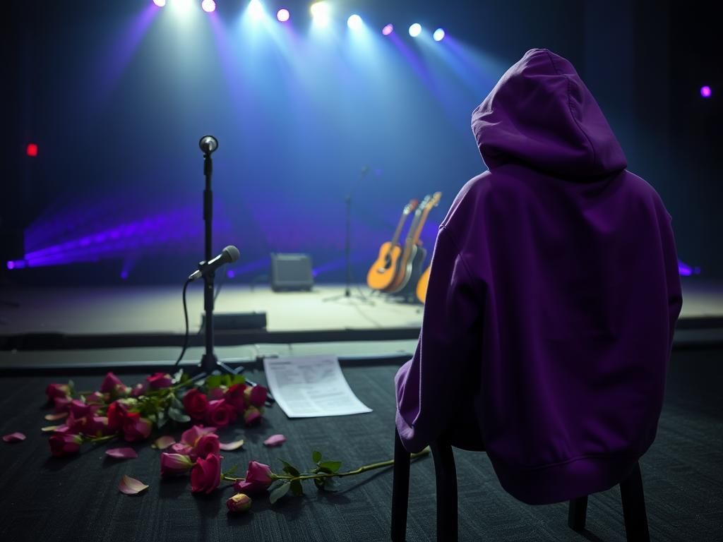 Flick International A moody concert stage with an empty microphone stand and scattered roses