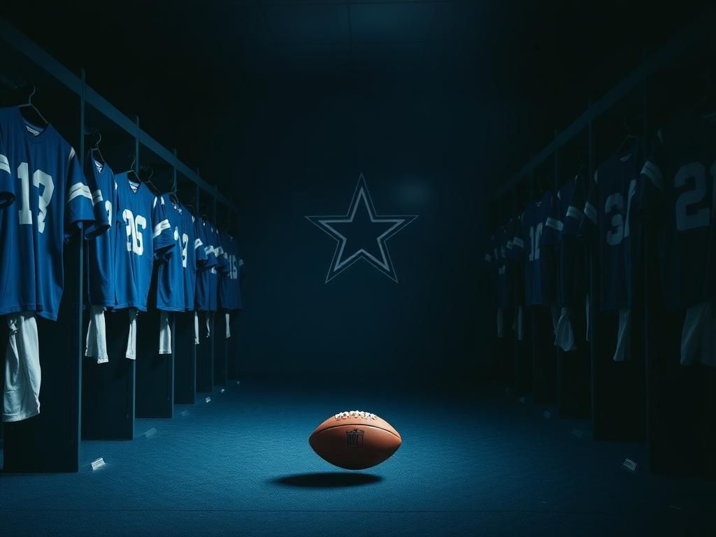 Flick International A dramatic, dimly lit Dallas Cowboys locker room symbolizing uncertainty under new head coach Brian Schottenheimer