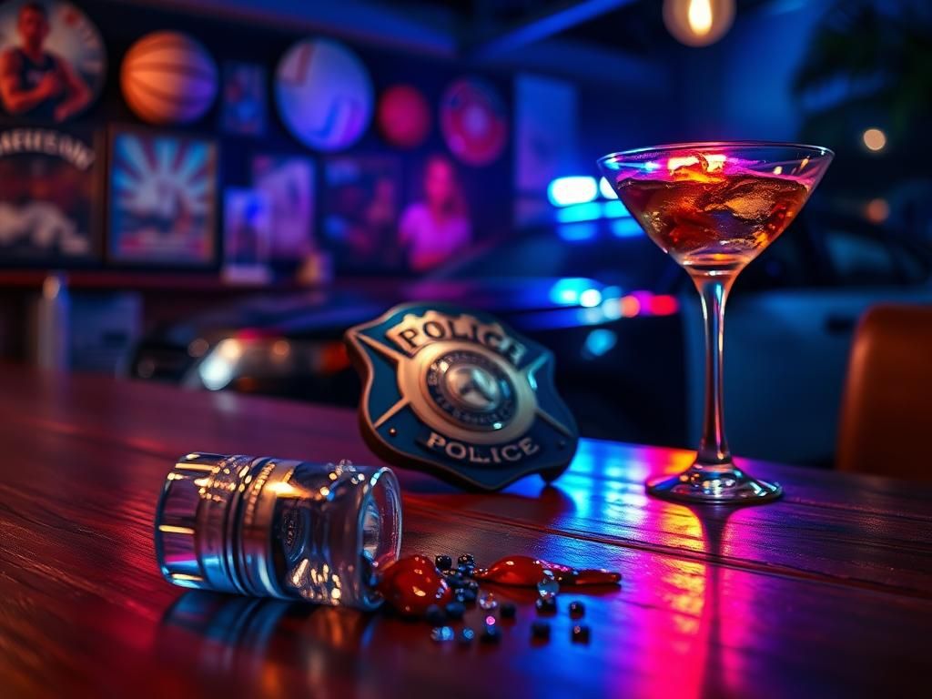 Flick International A police badge resting on a wooden table with a blurred background of sports memorabilia and basketball equipment