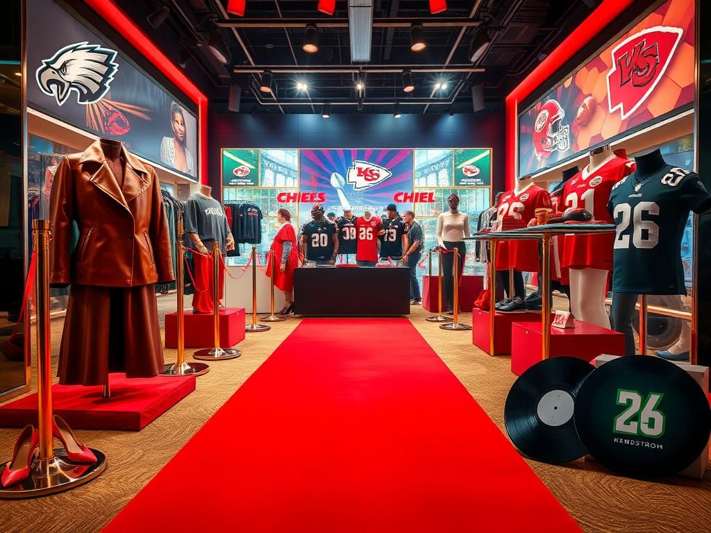 Flick International Elegant fashion display at Tubi's Red Carpet Shop with Ralph Lauren jacket and Super Bowl merchandise