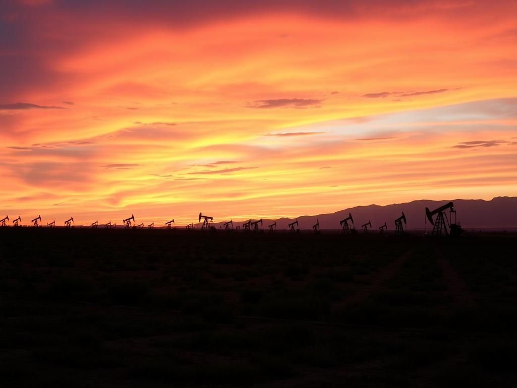 Flick International Expansive oil field at sunset with silhouetted pumpjacks