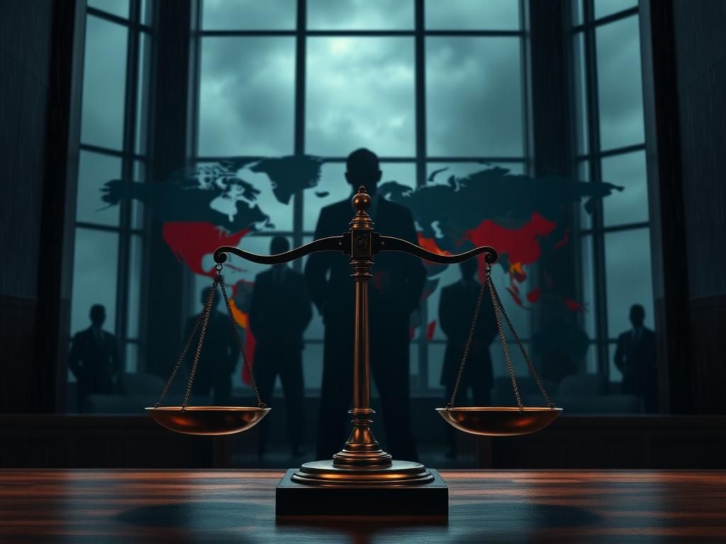 Flick International Courtroom scene depicting justice and international law dynamics with scales and shadowy figures