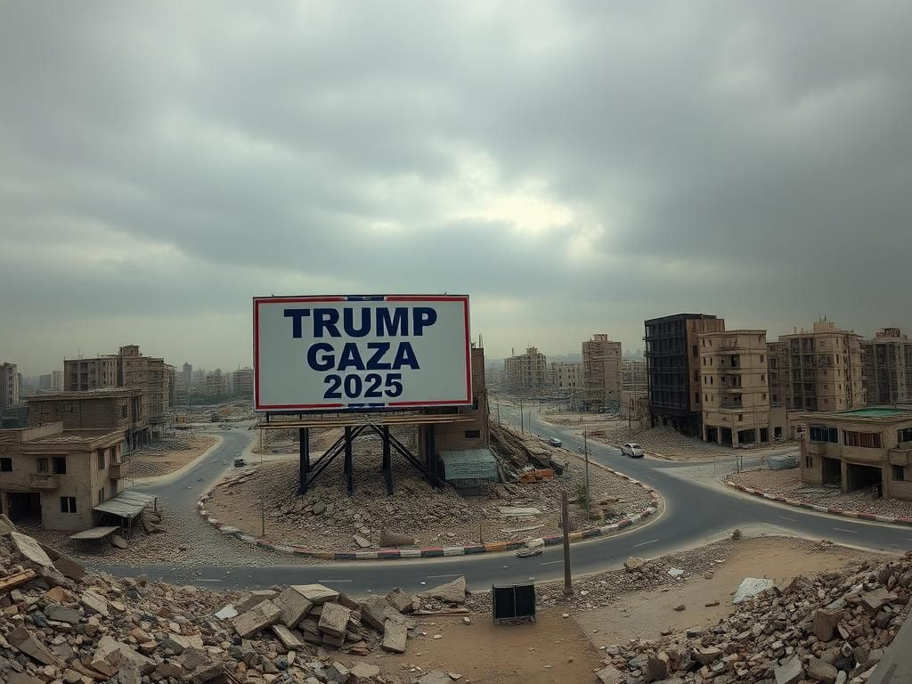 Flick International Panoramic view of a devastated urban landscape in Gaza with crumbling buildings and debris