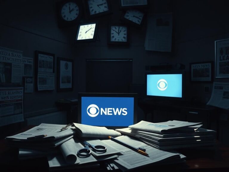 Flick International A dimly lit newsroom with newspapers and a CBS News logo