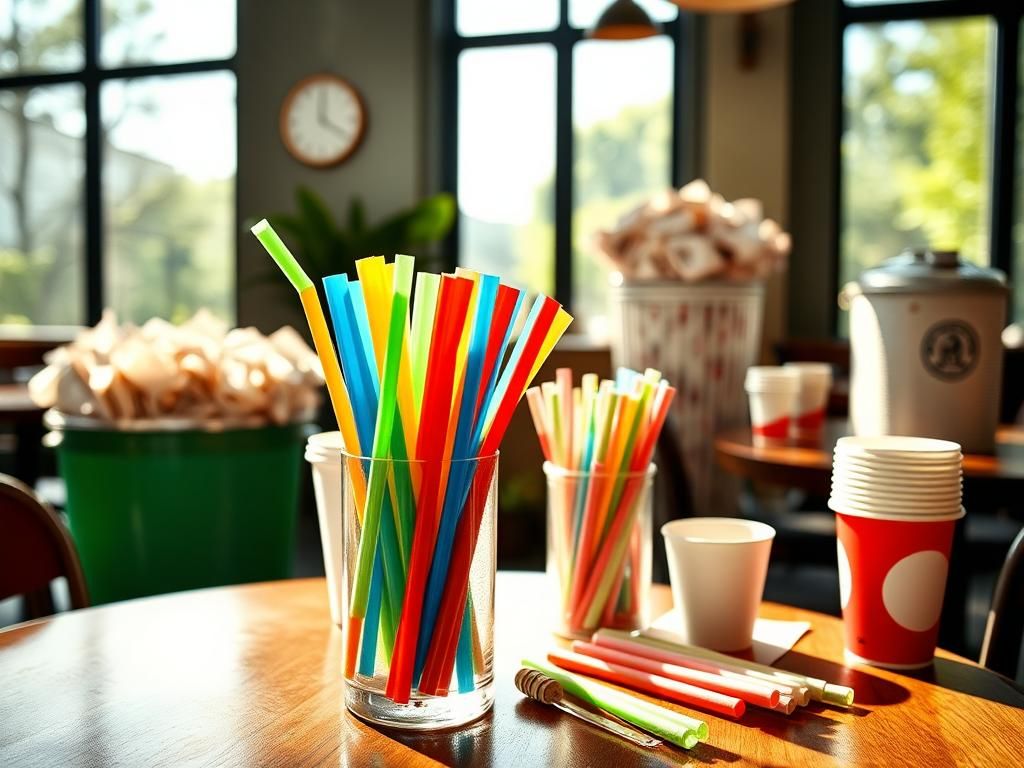 Flick International A colorful table setting featuring a variety of single-use plastic straws in a glass vase