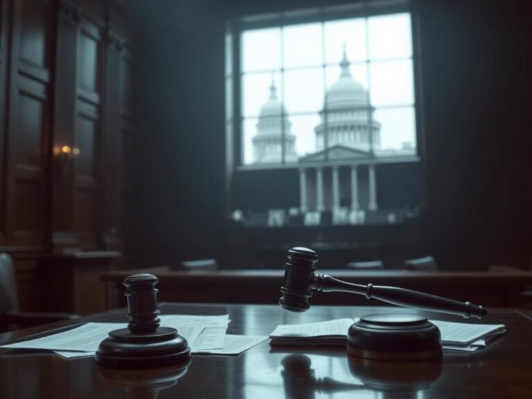 Flick International Dark courtroom interior highlighting the judge's bench and gavel