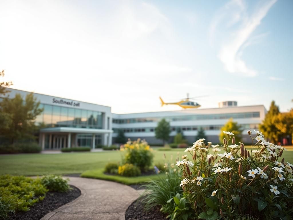 Flick International Exterior of Southmead Hospital surrounded by lush greenery and flowers