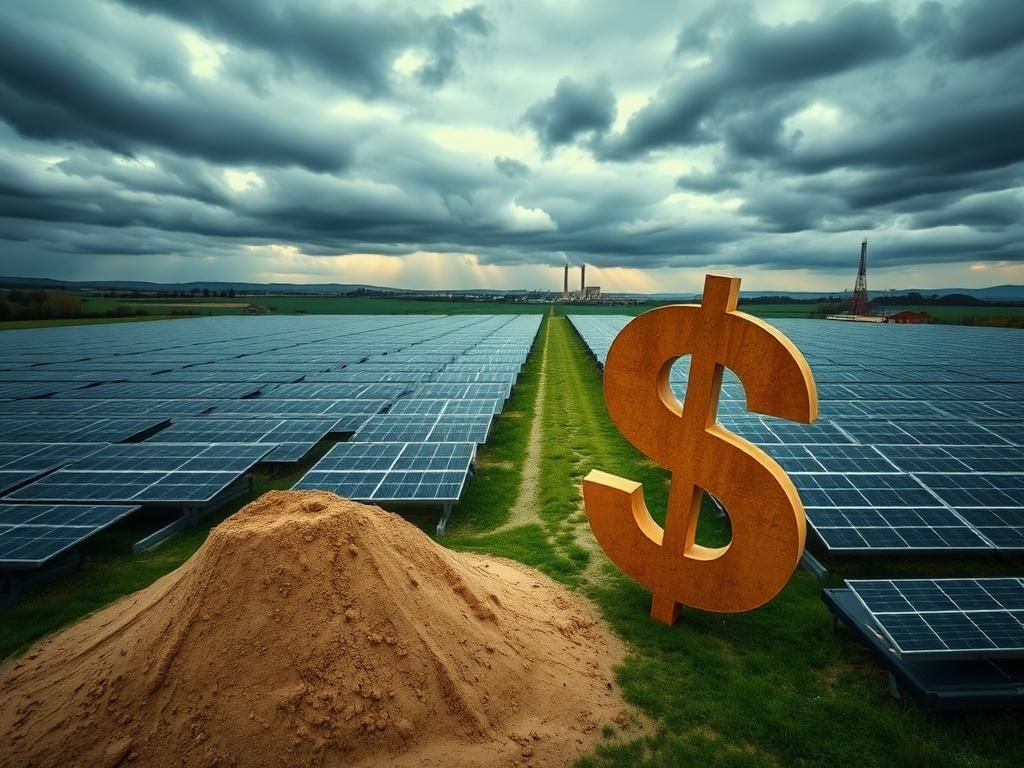 Flick International Aerial view of a solar energy farm with cloudy skies and a faded dollar sign in the foreground