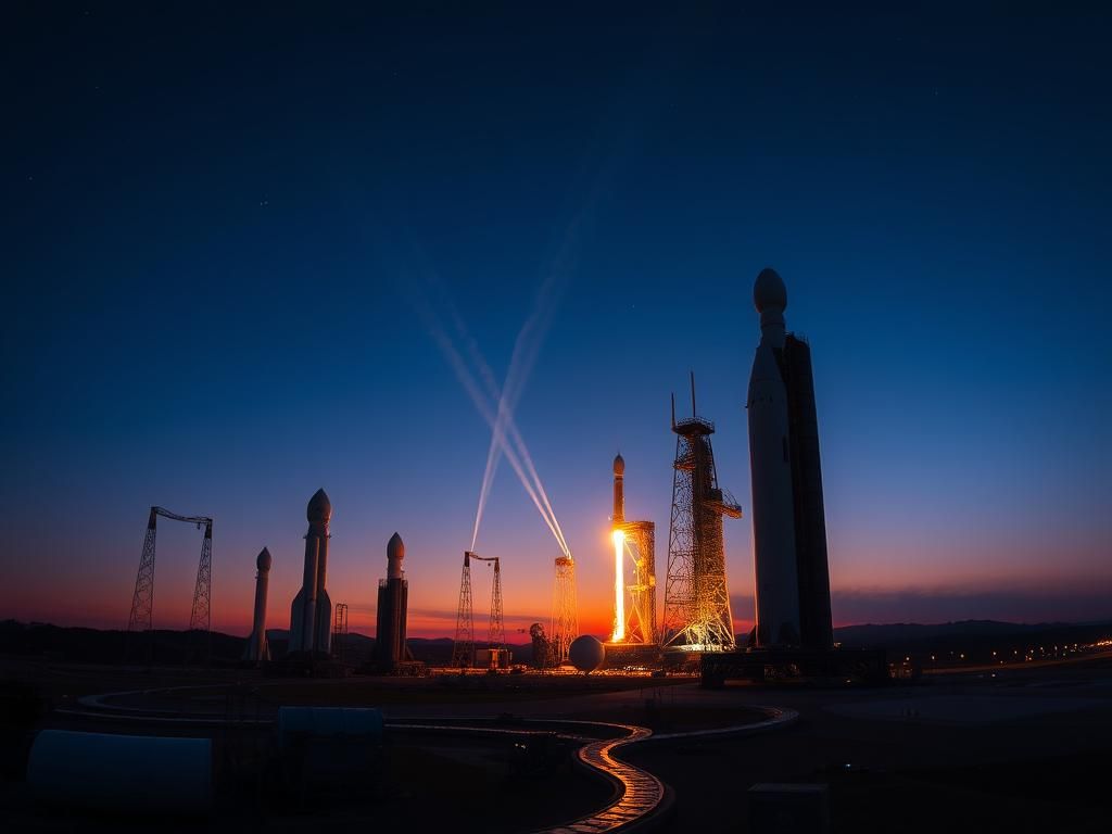 Flick International Panoramic view of multiple space launch sites with rockets silhouetted under a twilight sky