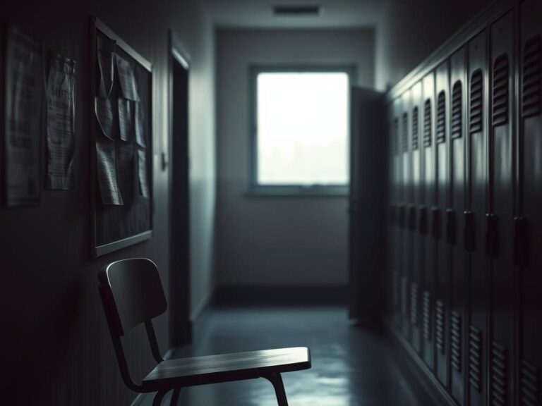 Flick International Empty school corridor with an askew wooden desk and a faded bulletin board