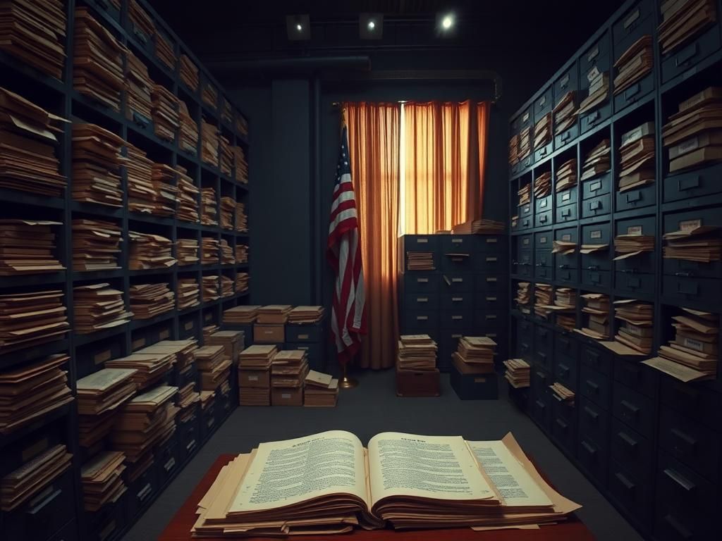 Flick International A dimly lit room with overflowing file cabinets and a wooden desk cluttered with JFK assassination documents