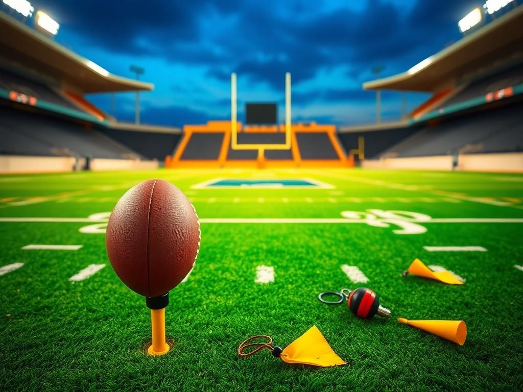 Flick International Close-up of a vibrant green football field with a football on a tee under stadium lights