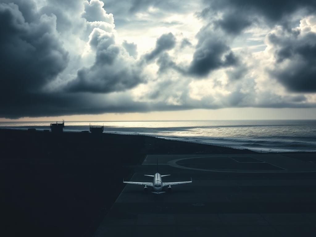 Flick International Aerial view of Guantanamo Bay detention camp with barbed wire and storm clouds