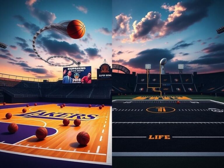 Flick International A dramatic split-scene image showcasing the NBA and NFL worlds with a Lakers basketball court and a Super Bowl football field.