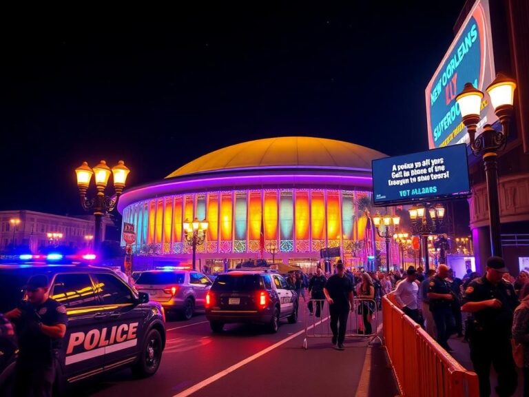 Flick International Vibrant nighttime scene of the New Orleans Superdome illuminated with festive lights and visible safety measures.