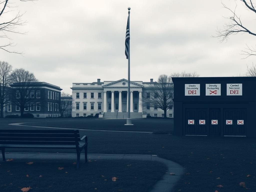 Flick International A somber scene of the U.S. Naval Academy grounds with empty benches and closed DEI office doors