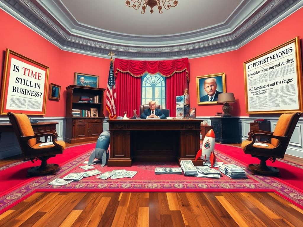 Flick International A whimsical depiction of the Resolute Desk in an empty Oval Office filled with exaggerated items