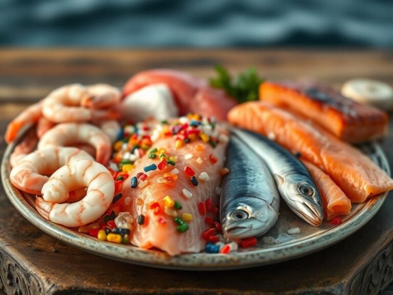 Flick International Close-up view of seafood samples with microplastics on a wooden surface