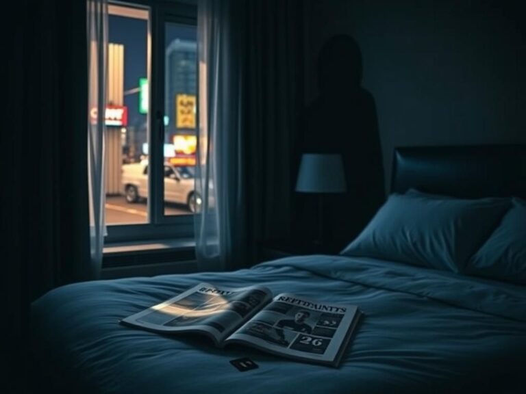 Flick International Dimly-lit hotel room with a made bed and sports magazine, symbolizing the tragedy of a reporter's death