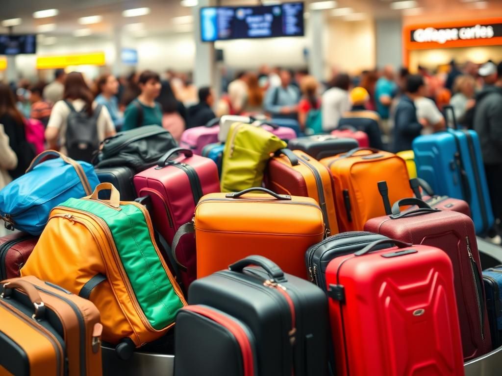 Flick International A bustling airport baggage claim with colorful suitcases on the carousel