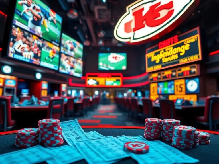 Flick International Empty Las Vegas sportsbook with colorful betting slips and Chiefs logo