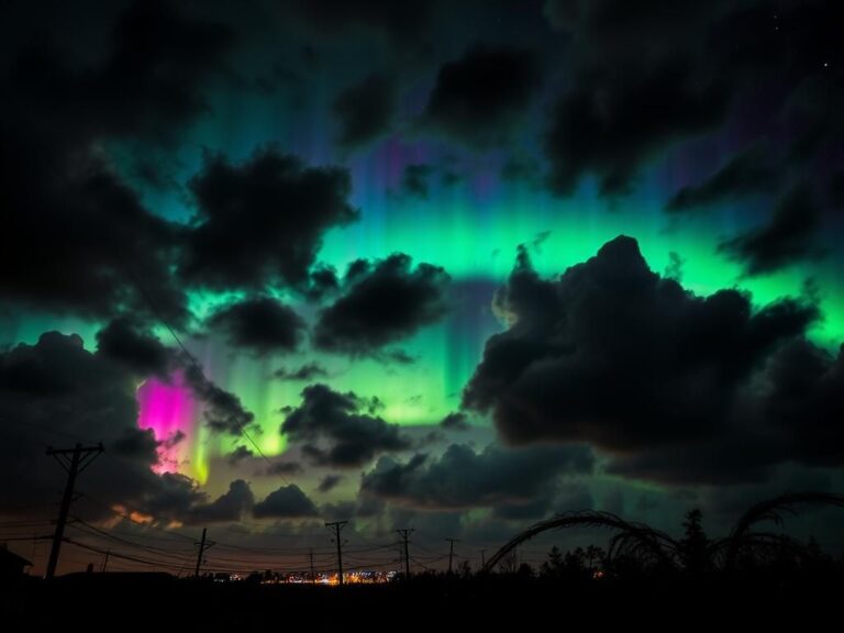 Flick International Dramatic night sky with swirling auroras illuminating dark clouds