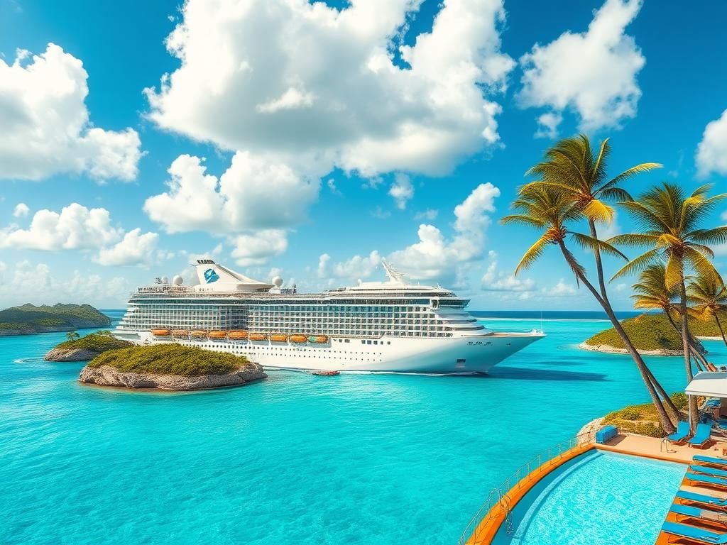 Flick International A luxurious cruise ship sailing through crystal-clear turquoise waters in the Caribbean