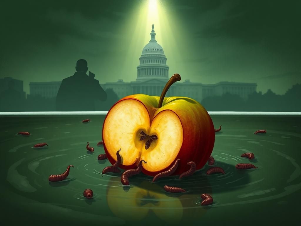 Flick International Conceptual illustration of a half-rotted apple in murky bathwater symbolizing USAID's corruption