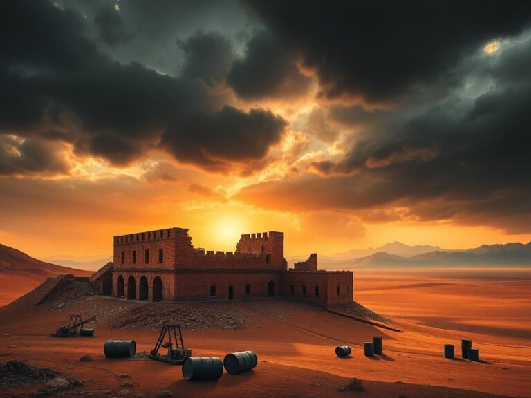 Flick International Crumbling ancient fortress in the Iranian desert under a stormy sky