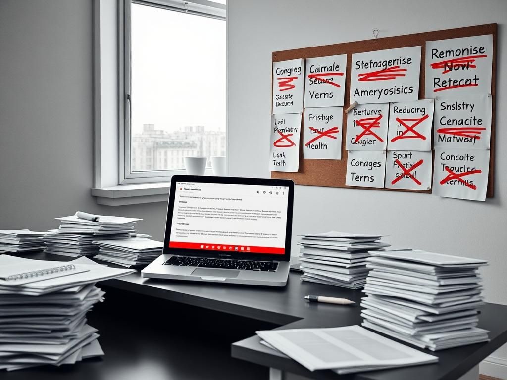 Flick International A cluttered desk with research papers and a laptop showing warnings about controversial term removal