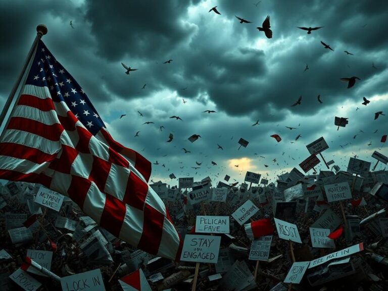 Flick International Chaotic political landscape featuring a fragmented American flag and stormy sky