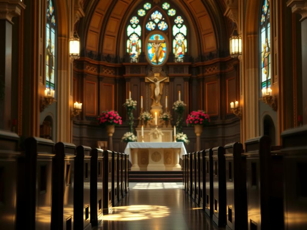 Flick International Serene interior of a Washington Catholic church with ornate altar and candlelight